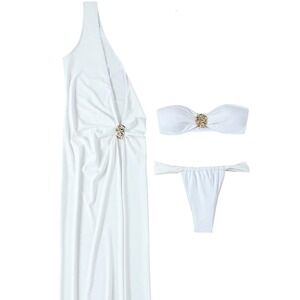 3 Piece Bandeau Bikini Set with One Shoulder Maxi Sarong Gold Hardware XS